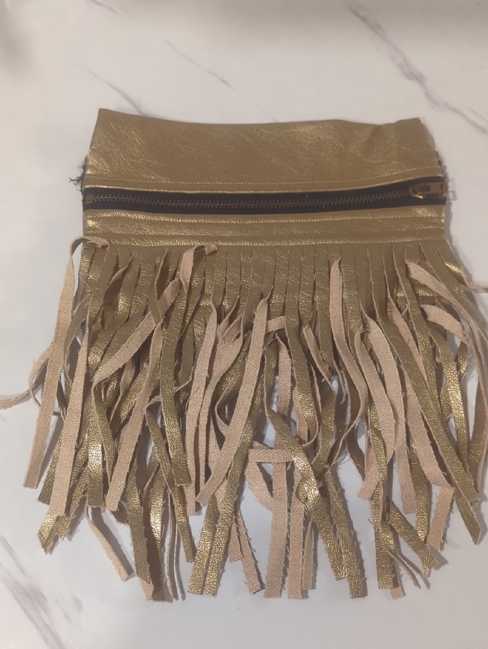 Vintage 90s Bag junkie Metallic Gold Fringe Wristlet Pouch *Slide On To Belt*